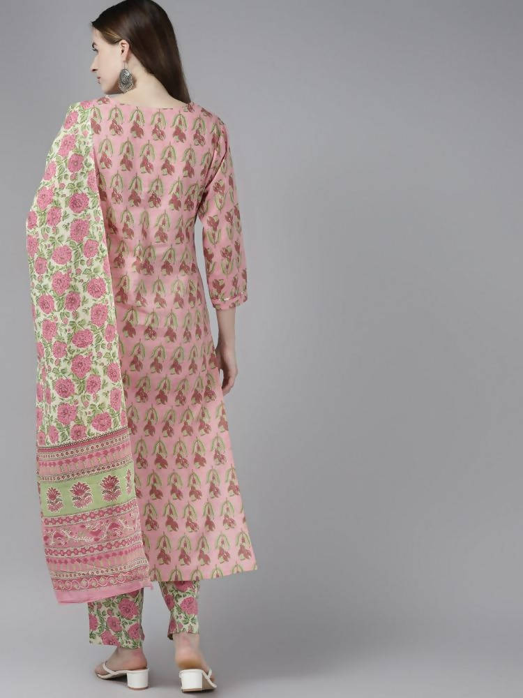 Yufta Women Pink Floral Print Aari Work Pure Cotton Kurta with Palazzo and Dupatta | Grocsy