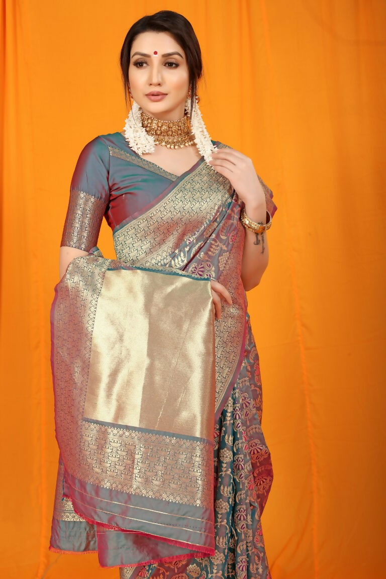 Jyoti Fashion Women's Grey Kanjivaram Silk Zari Woven Saree with Blouse | Grocsy