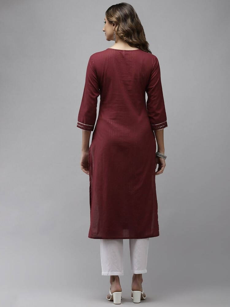 Yufta Women Maroon Yoke Design Mirror Work Cotton Kurta | Grocsy