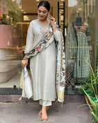 The52 Off White Women's Gorgeous Embroidered Viscose Chanderi Fabric Straight Kurta Pant with Dupatta Set | Grocsy