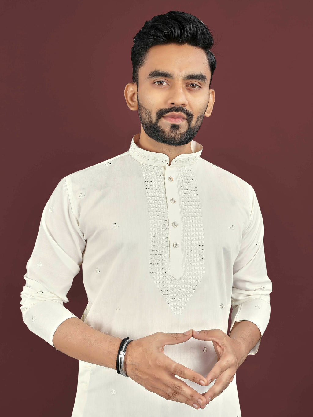 Anaita Beige Embroidered Silk Straight Kurta | Grocsy
