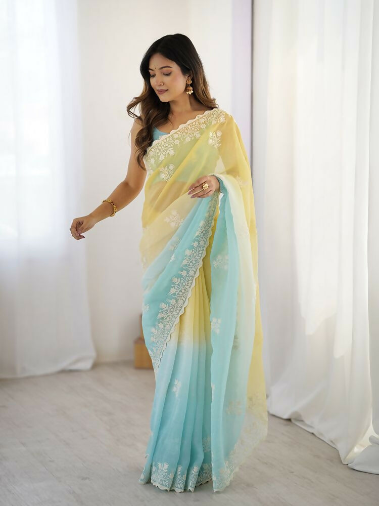 Yellow Crunchy Silk Embroidery Work Party Wear Saree - Lakshita | Grocsy