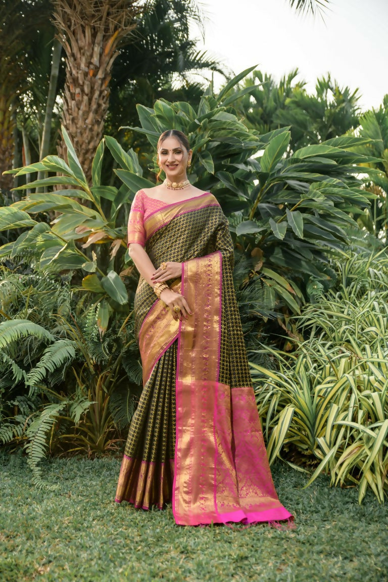 Jyoti Fashion Women's Black Kanjivaram Silk Zari Woven Saree with Blouse | Grocsy