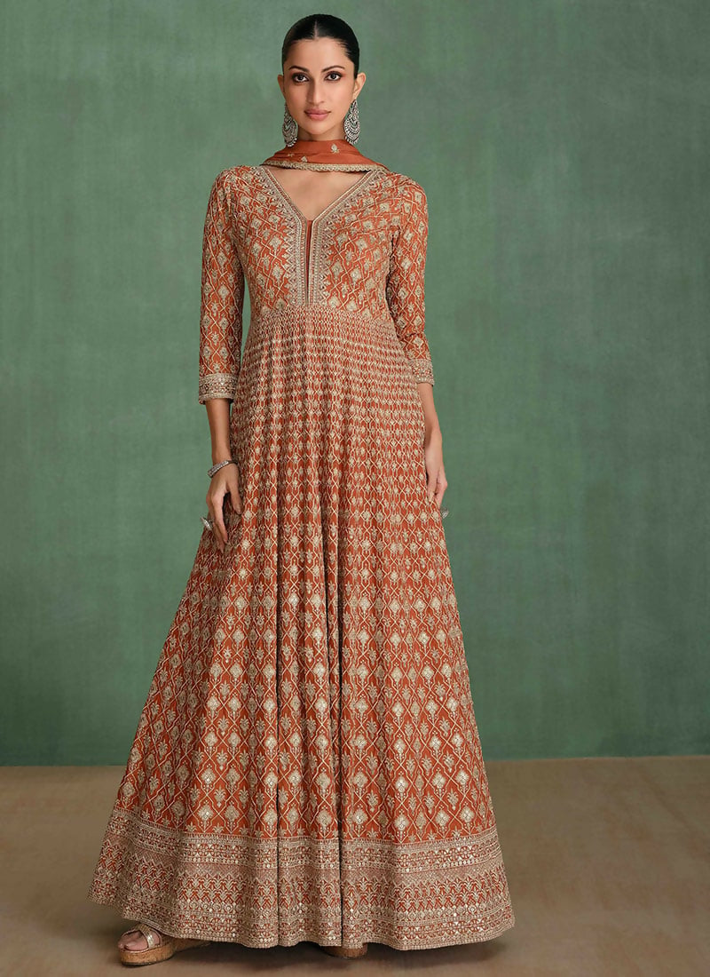 Vastranavya Brown Georgette Seroski Diamond Embroidered Sequins A Line Stunning Anarkali Suit | Grocsy