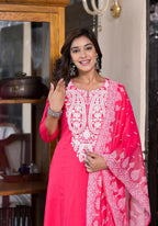 Juniper Women's Fuchsia Thread Embroidered Rayon Kurta Set | Grocsy