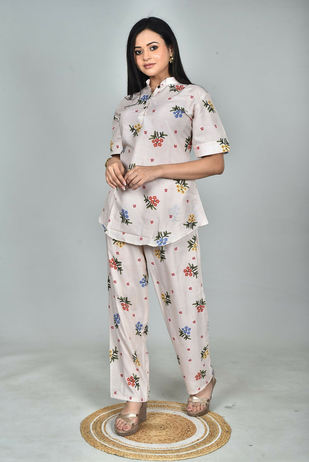 Morchari Digital Print Semi Muslin Co-Ord Set Top & Trouser-Multicolor | Grocsy