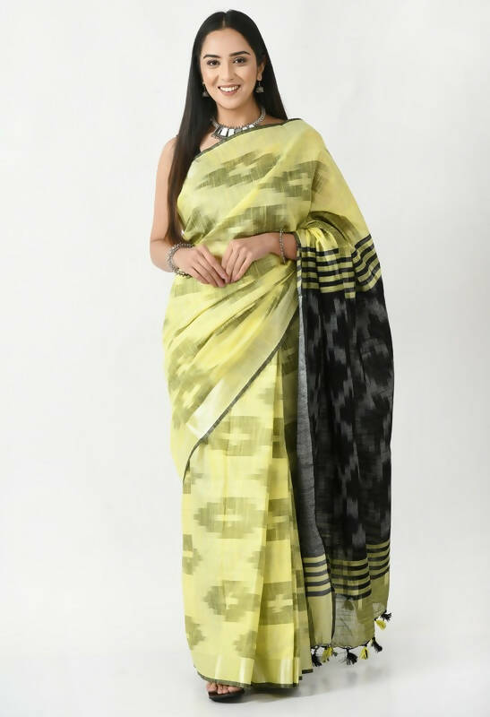 Mominos Fashion Moeza Lemon Yellow & Black Bhagalpuri Handloom Ikat Pure Cotton Saree with unstitched Blouse piece | Grocsy