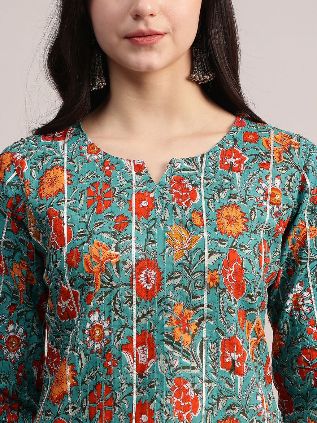 Aavyora Women's Teal Green Cotton A-Line Tunic with Red Floral Print and All-Over Pintuck Details | Grocsy