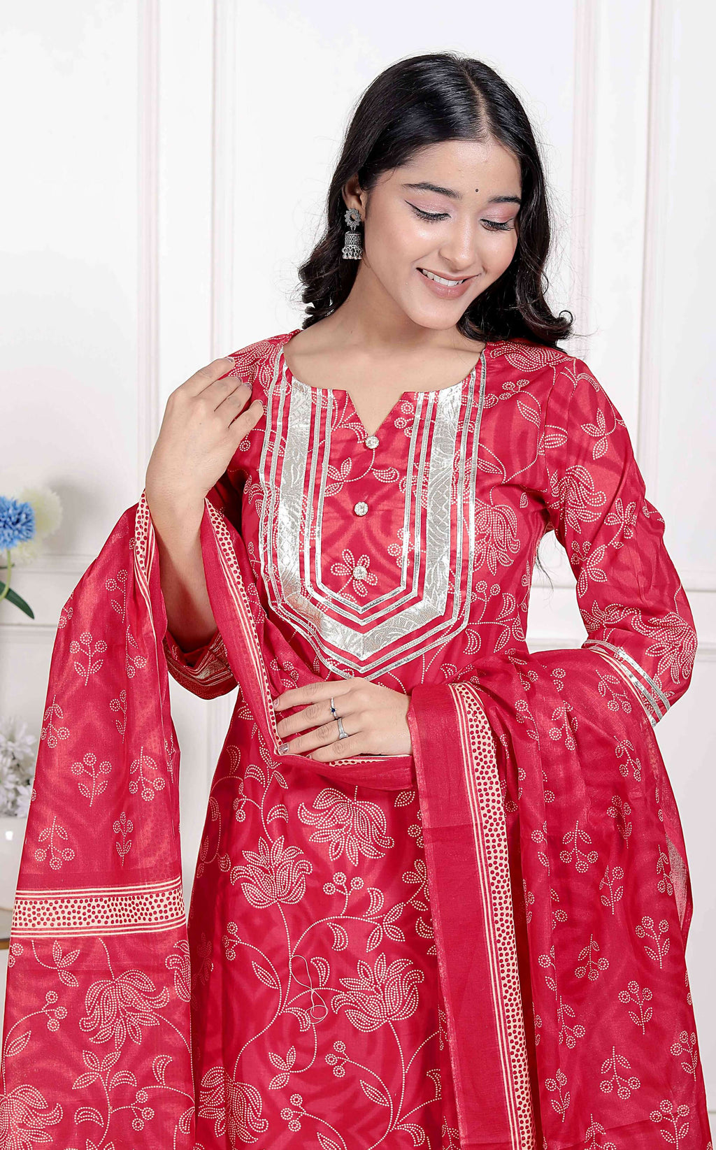 Miravan Red Floral Print Embroidered Cotton Straight Kurta with Palazzo & Dupatta | Grocsy
