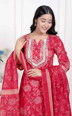 Miravan Red Floral Print Embroidered Cotton Straight Kurta with Palazzo & Dupatta | Grocsy