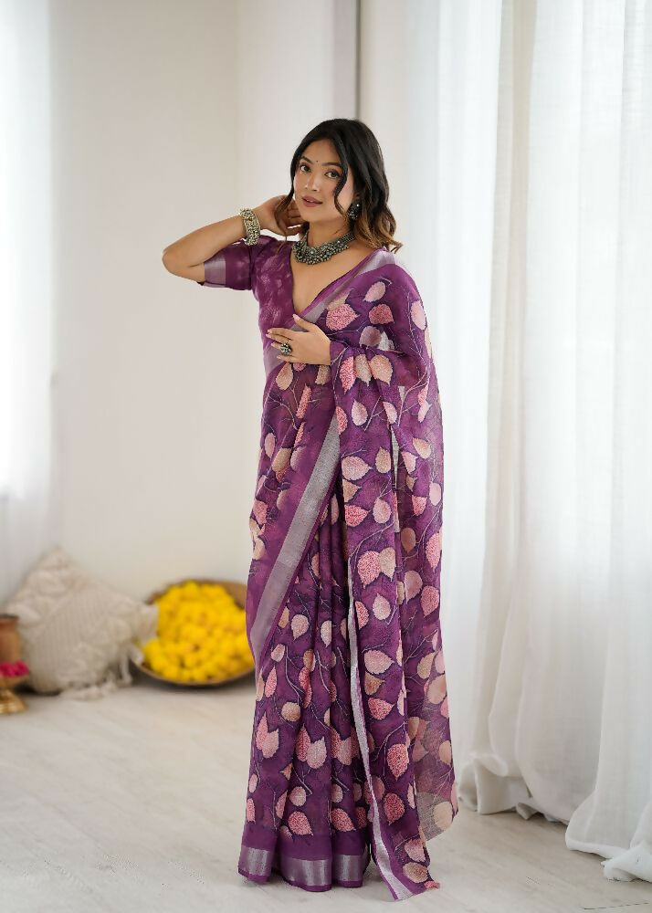 PR Fashion Purple Linen Patta Printed Saree | Grocsy