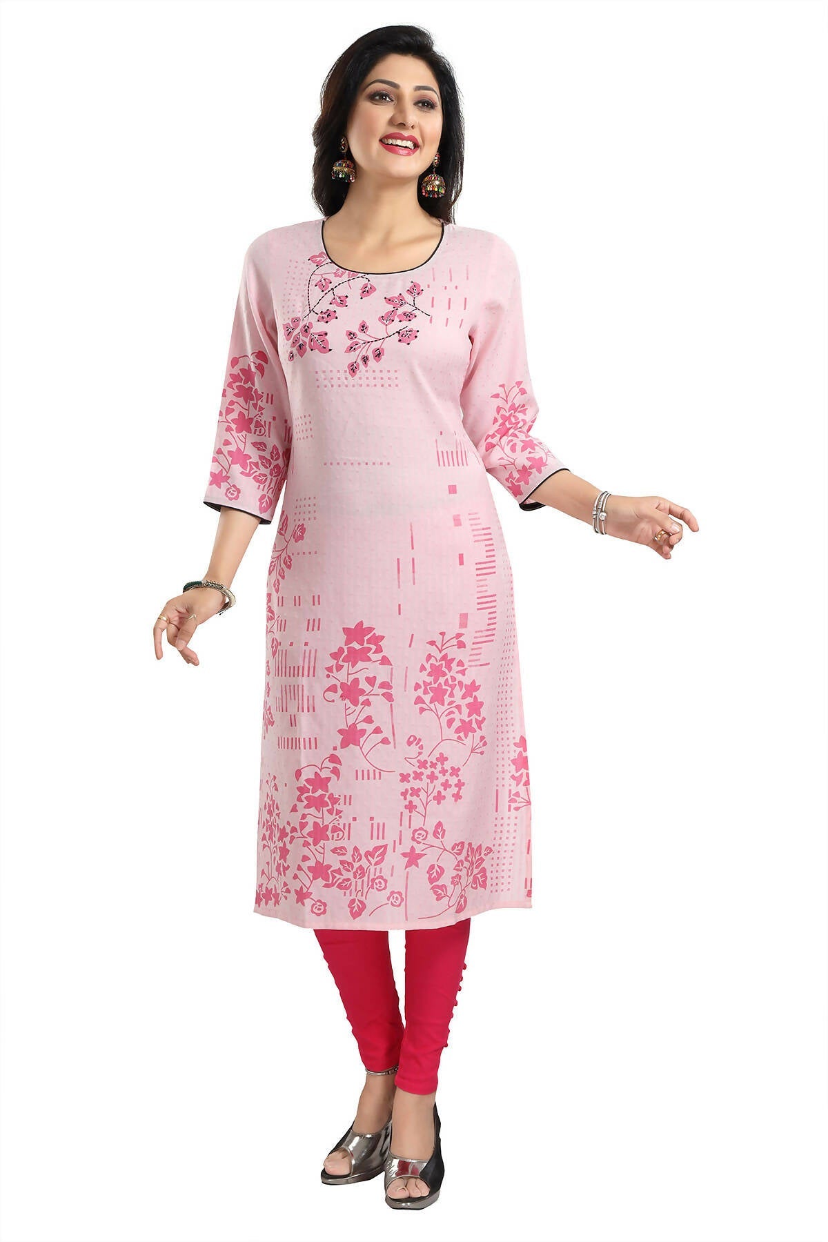 Snehal Creations Pretty Pink Rayon Textured Print Long Kurta For Women | Grocsy