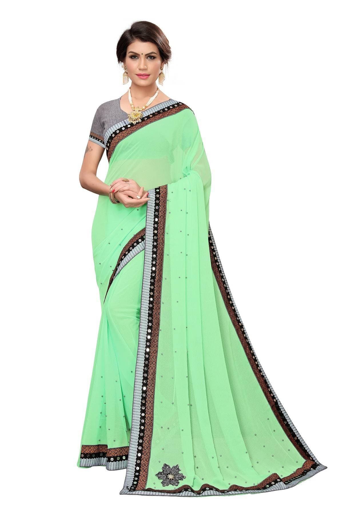 Vamika Green Chiffon Mirror Work Saree | Grocsy