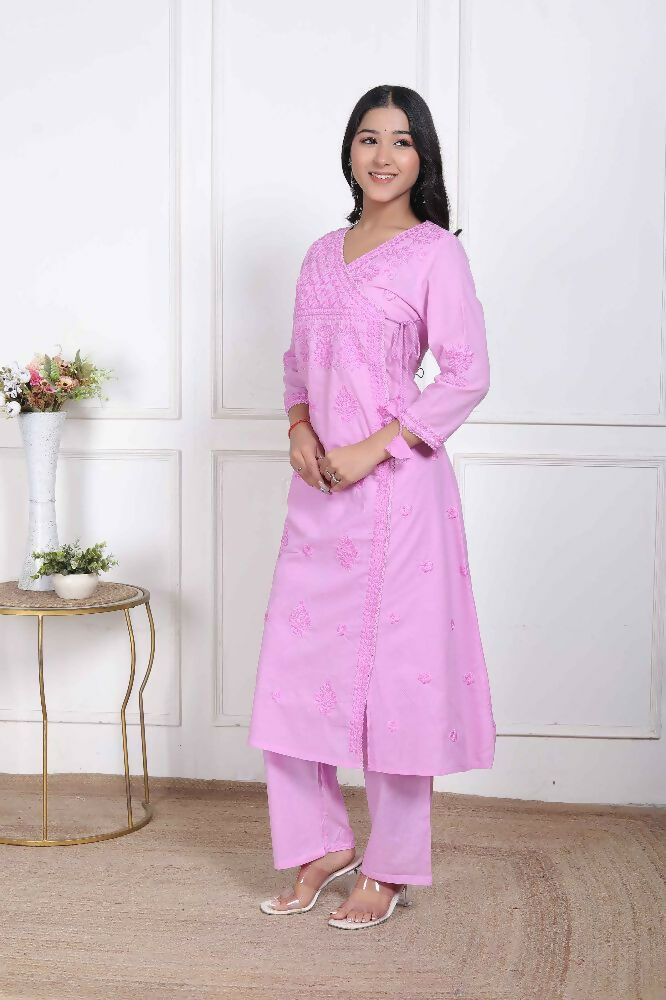 Miravan Womens Pink Lucknowi Angrakha Style Kurta With Palazzo | Grocsy