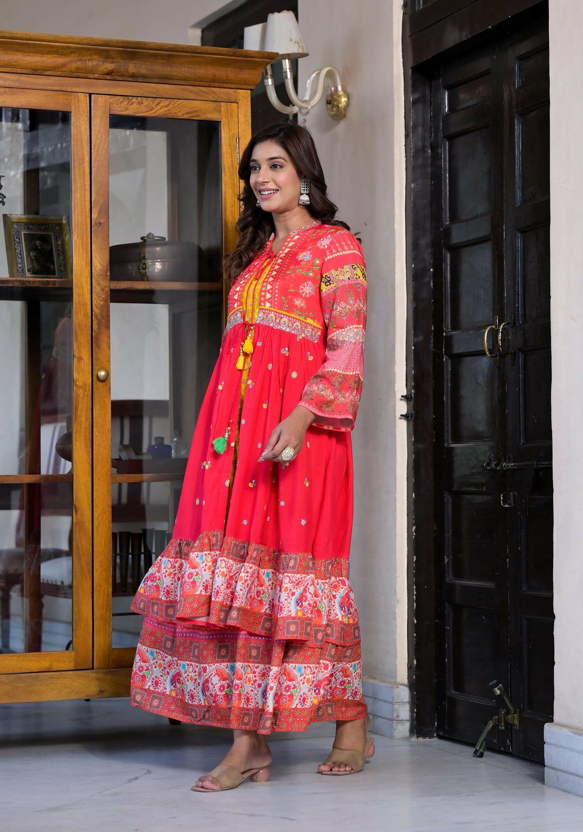 Juniper Women's Red Floral Printed Muslin Maxi Dress With Sequins & Mirror Work And Doris | Grocsy