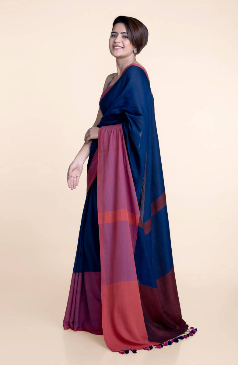 Suta Navy Blue Pink Colourblocked Mul Saree | Grocsy
