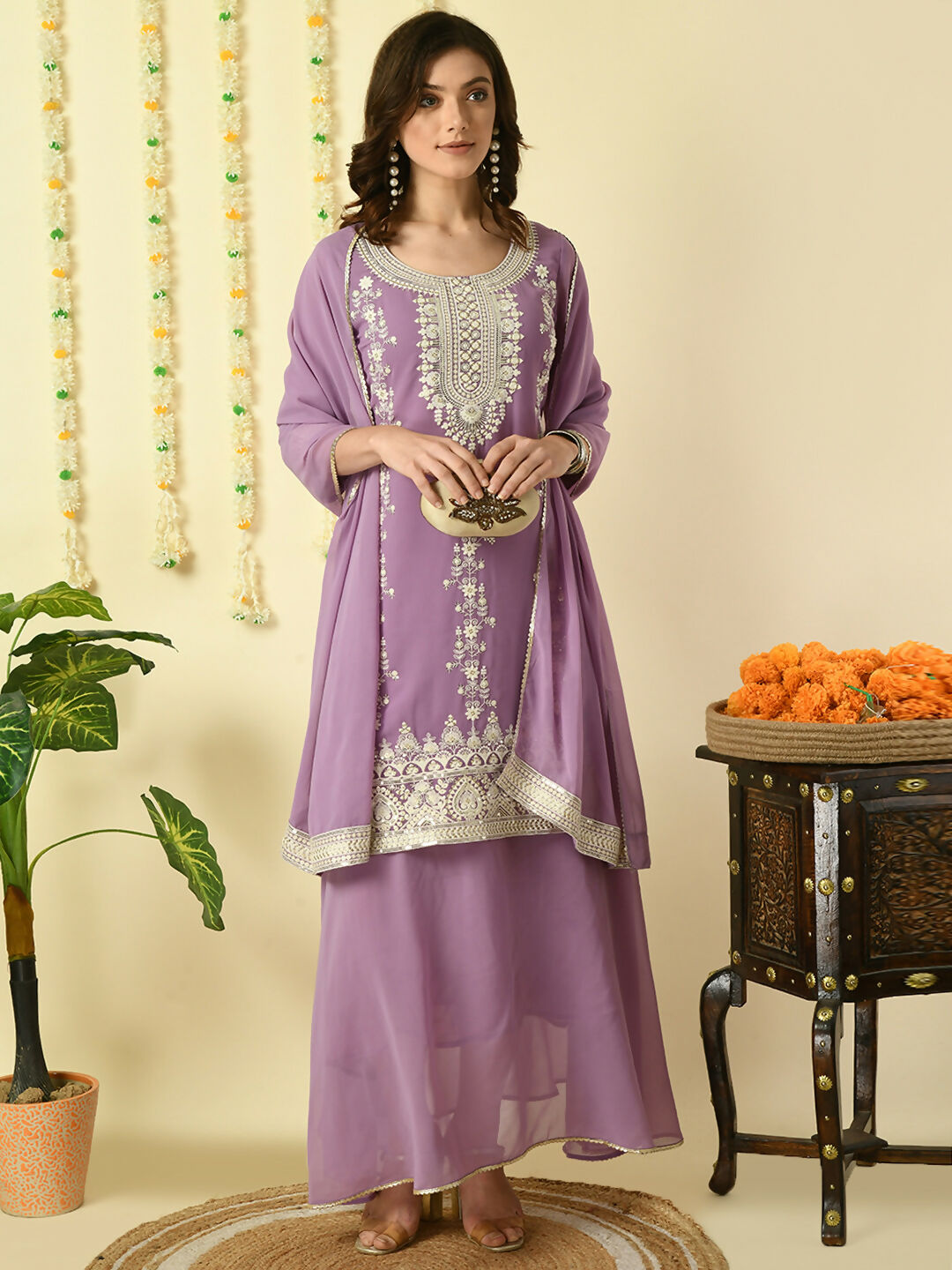 Myshka Women's Purple Georgette Kurta & Skirt With Dupatta Party Sets | Grocsy