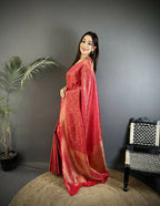 Joban Fashion Red Floral Motifs & Ethnic Design Soft Satin Silk Kanchipuram Saree | Grocsy