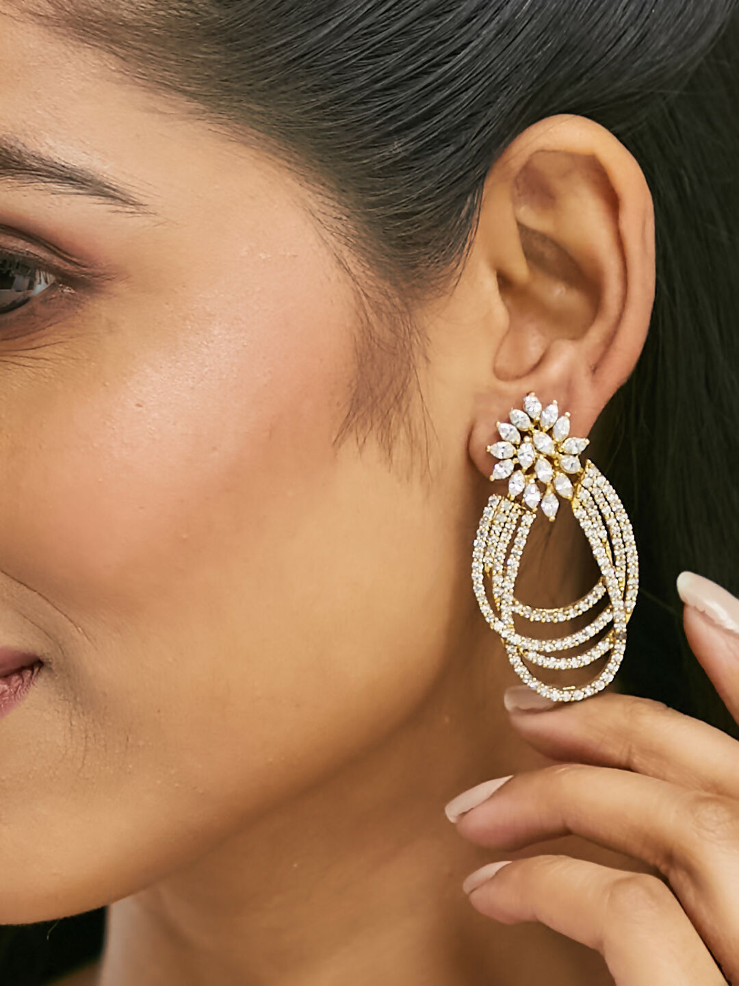 Nuyug 22K Gold-Plated Floral Motif Zircon Stone Studded Teardrop Shaped Elegant Drop Dangler Earrings | Grocsy