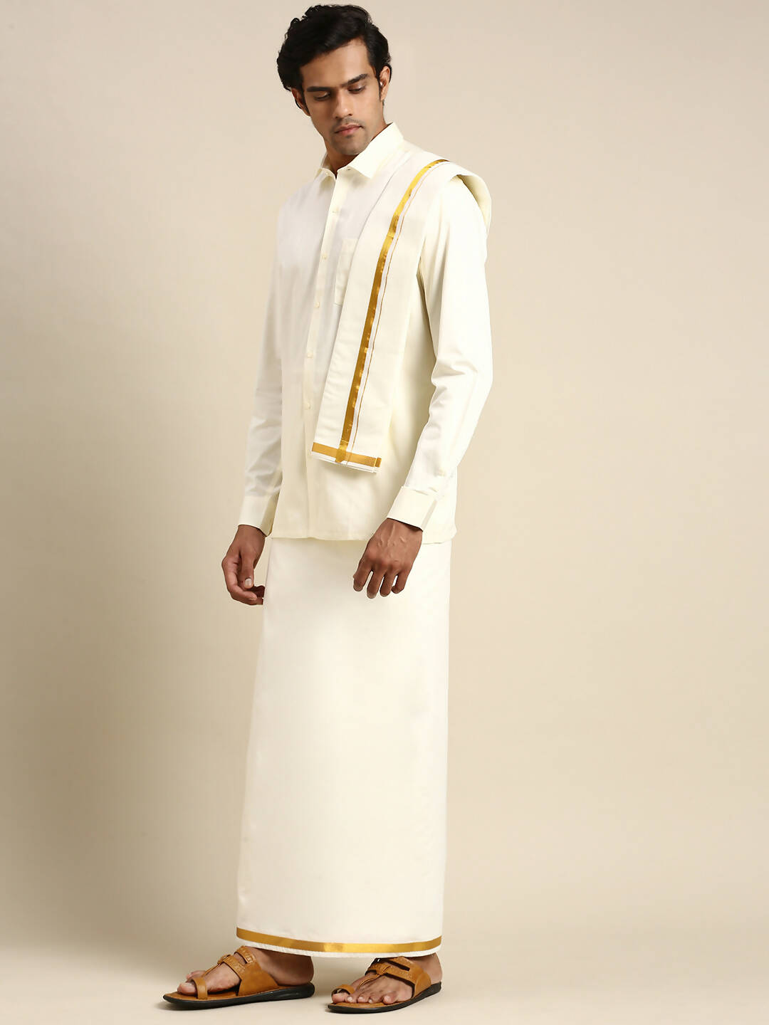 Ramraj Cotton Premium Wedding Cream Regular Dhoti, Shirt & Towel Set Arathi 3/4" | Grocsy