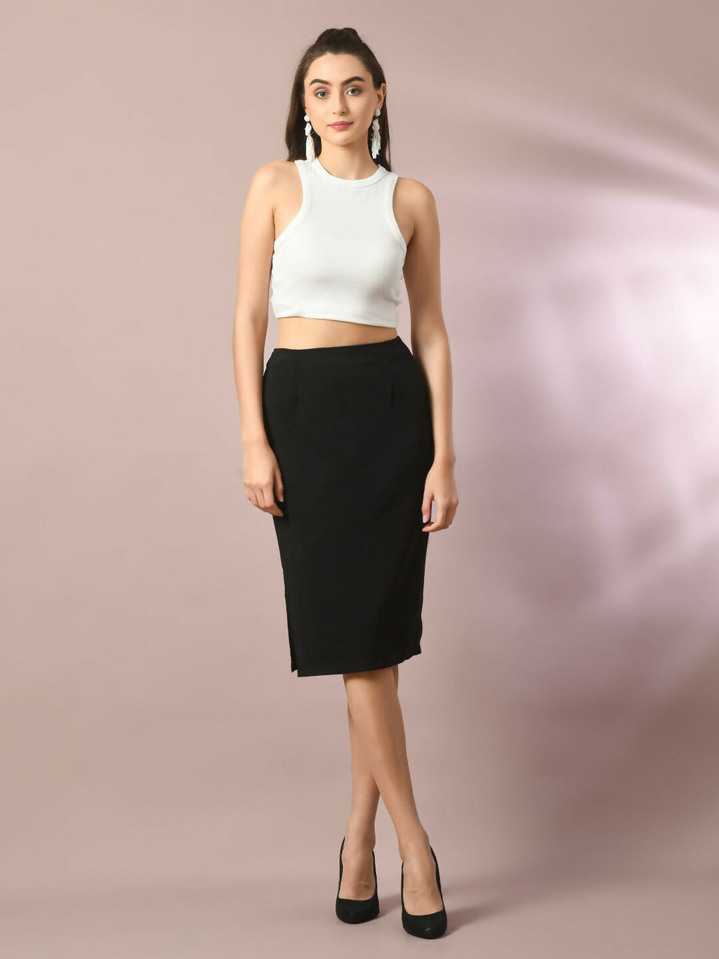 Myshka Women's Black Solid Knee Length Party Embellished Skirts | Grocsy