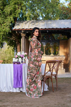 Vastranavya Mehendi Weightless Marble Printed & Pearl Lace Border Saree with Unstitched Blouse | Grocsy
