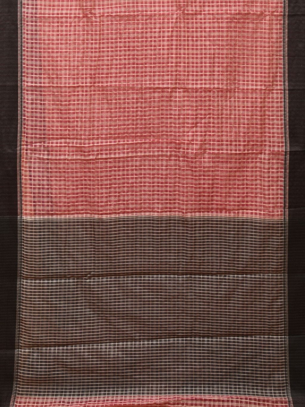Red and Black Bamboo Cotton Saree with Checks Design No Blouse - Global Threads | Grocsy