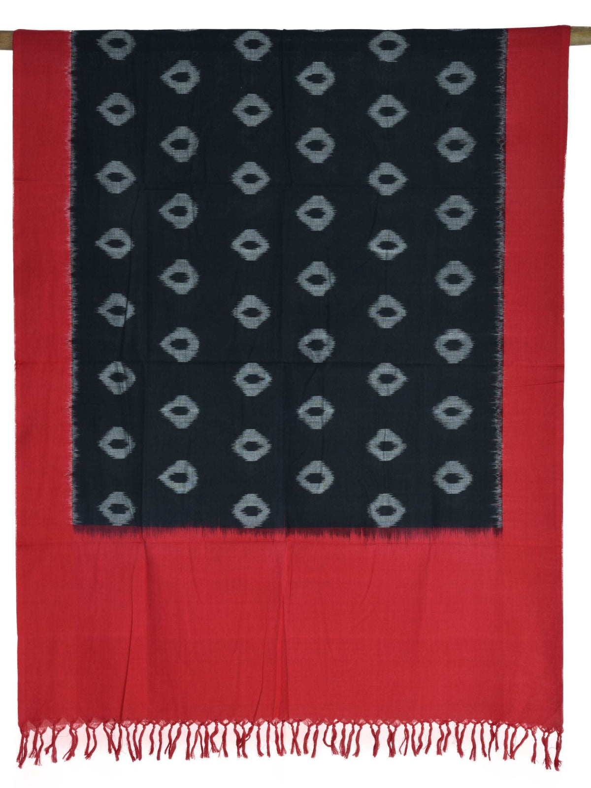 Red and Black Pochampally Ikat Cotton Handloom Dupatta with Buta Design - Global Threads | Grocsy