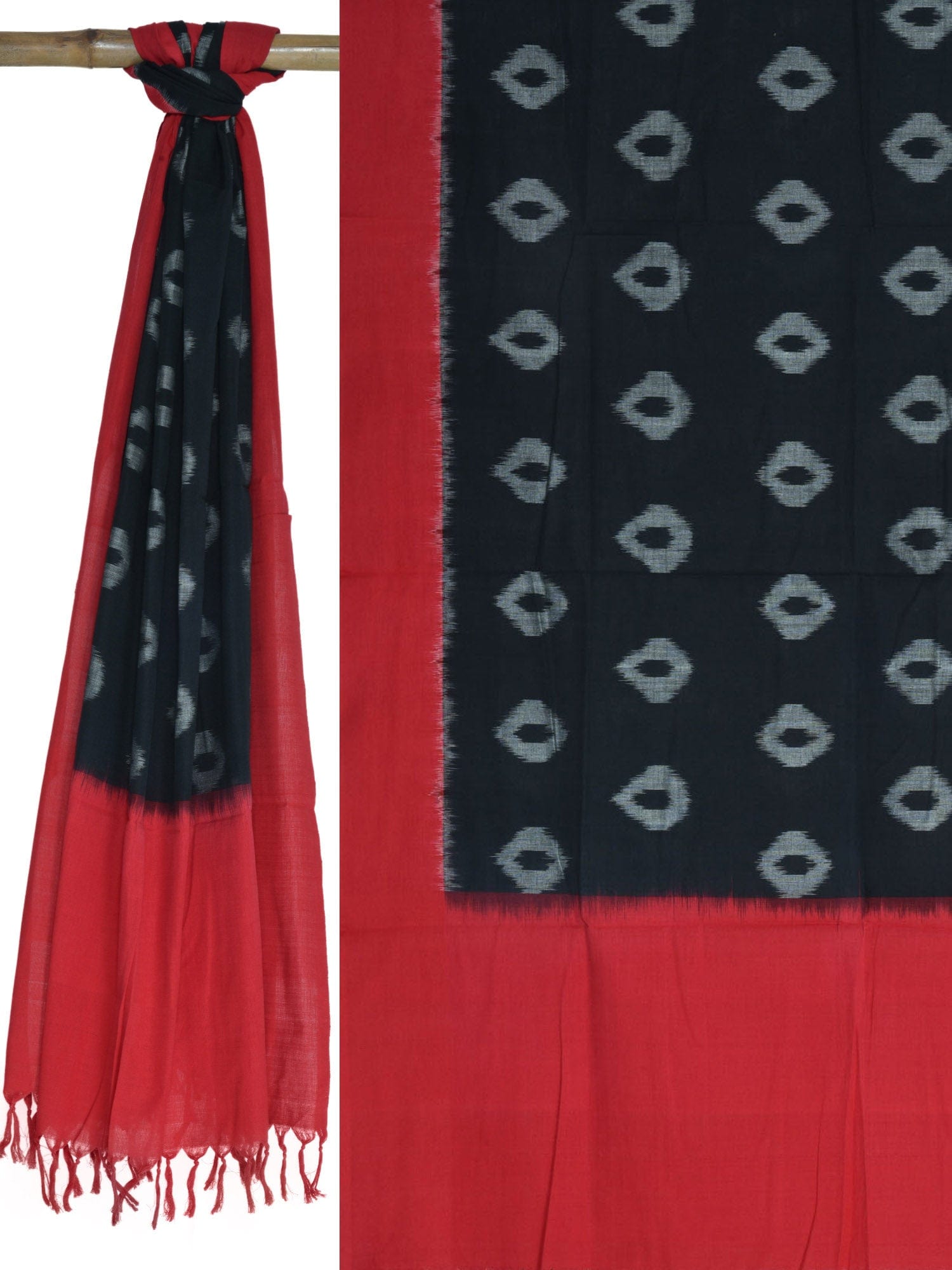 Red and Black Pochampally Ikat Cotton Handloom Dupatta with Buta Design - Global Threads | Grocsy