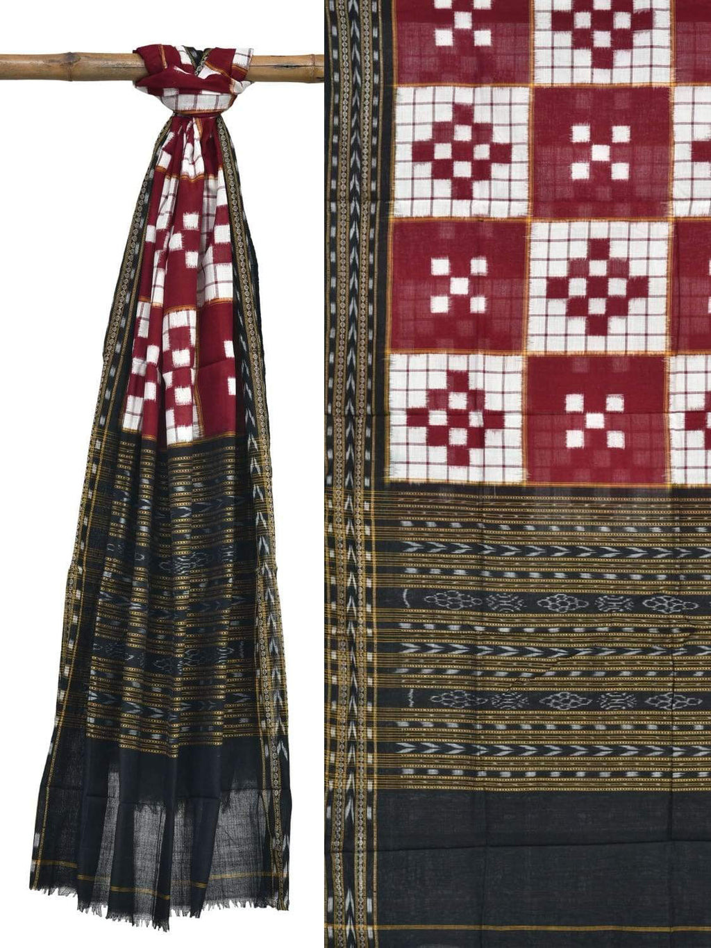 Red and Black Pochampally Ikat Cotton Handloom Dupatta with Checks Design - Global Threads | Grocsy