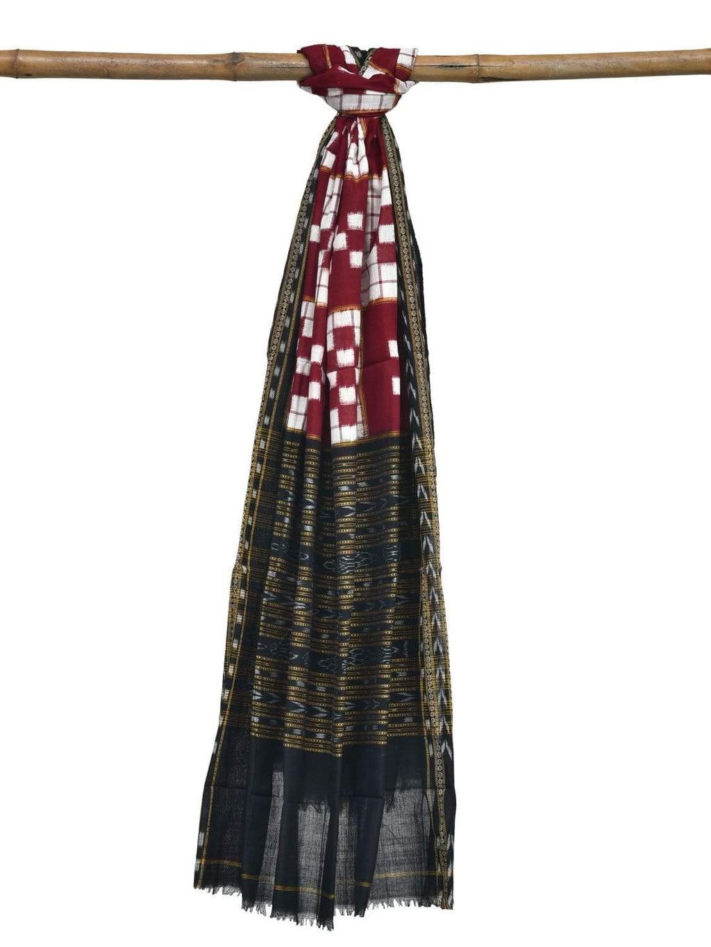 Red and Black Pochampally Ikat Cotton Handloom Dupatta with Checks Design - Global Threads | Grocsy