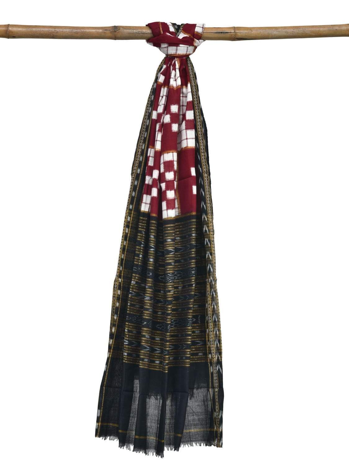 Red and Black Pochampally Ikat Cotton Handloom Dupatta with Checks Design - Global Threads | Grocsy