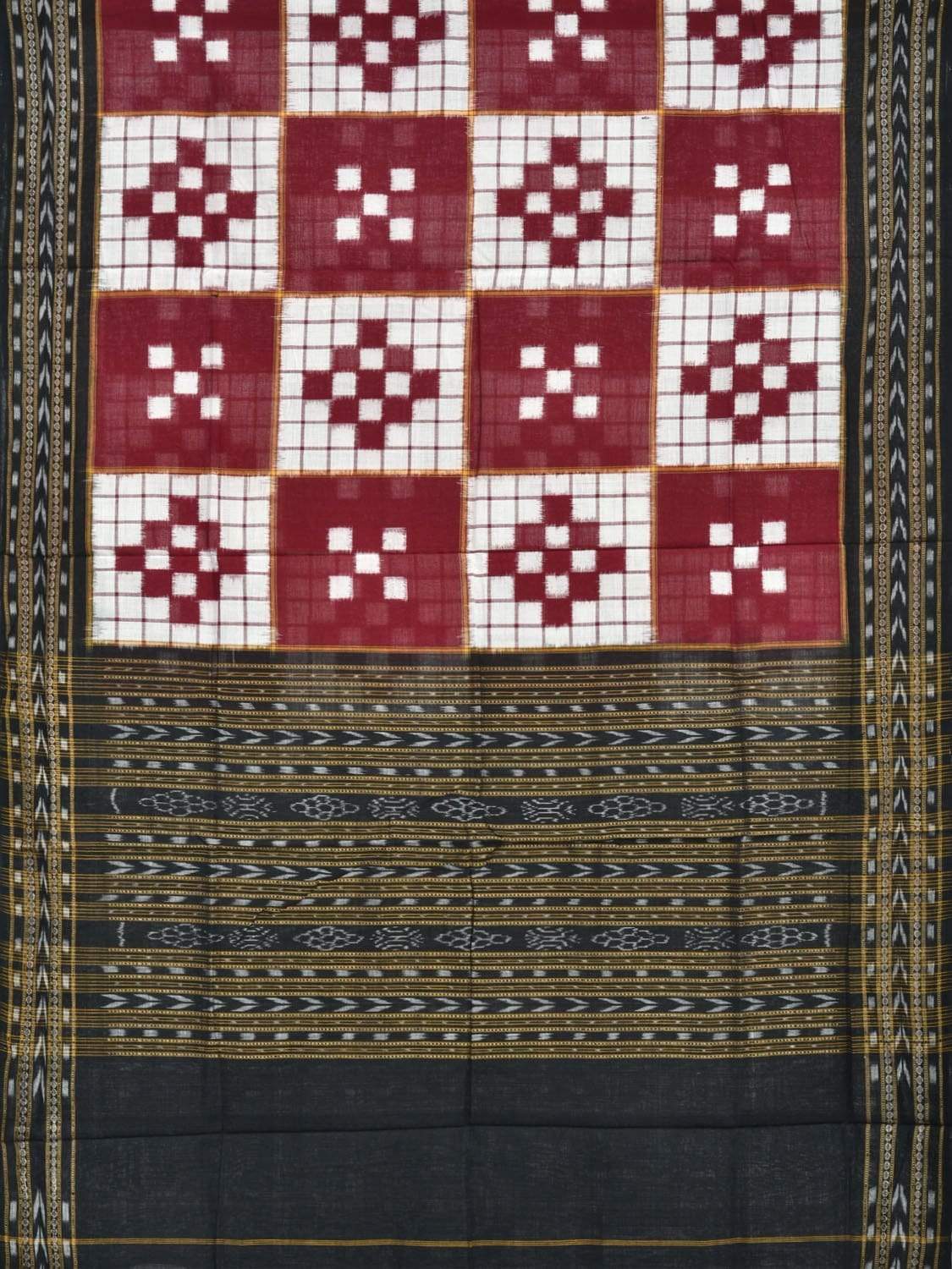 Red and Black Pochampally Ikat Cotton Handloom Dupatta with Checks Design - Global Threads | Grocsy