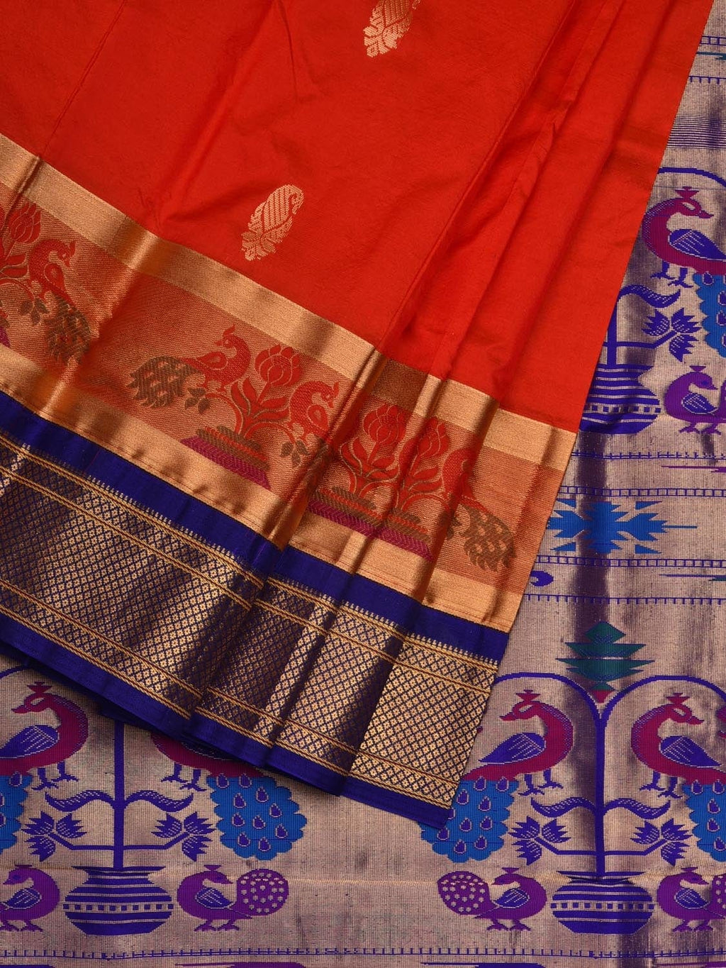 Red and Blue Paithani Silk Handloom Saree with Border and Body Buta Design - Global Threads | Grocsy