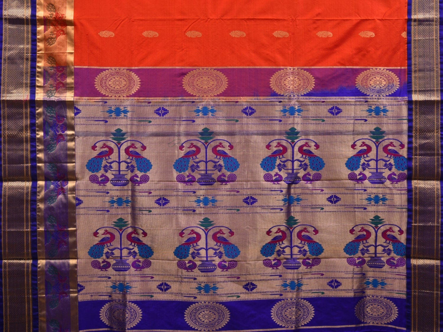 Red and Blue Paithani Silk Handloom Saree with Border and Body Buta Design - Global Threads | Grocsy