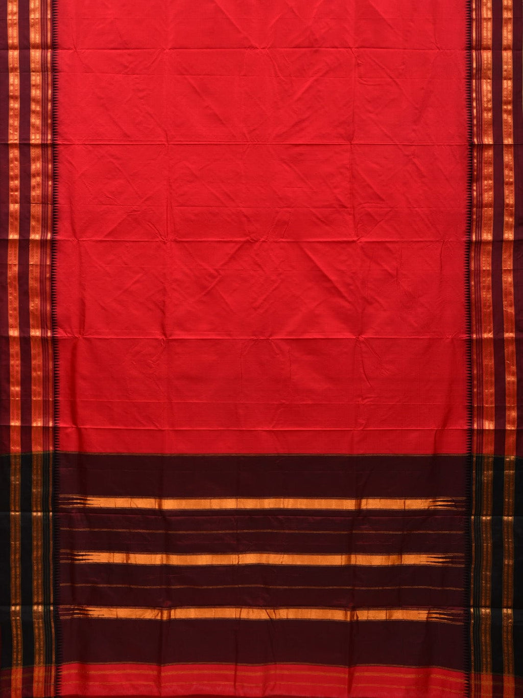 Red and Brown Narayanpet Silk Plain Saree with Traditional Border Design No Blouse - Global Threads | Grocsy