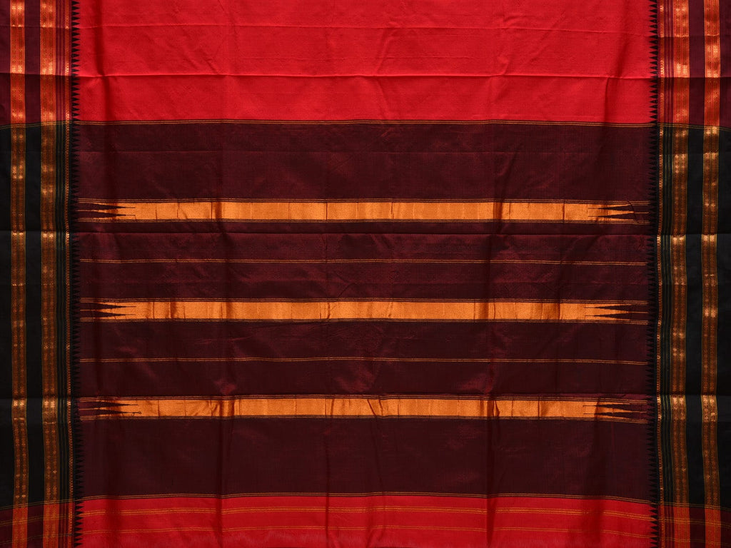 Red and Brown Narayanpet Silk Plain Saree with Traditional Border Design No Blouse - Global Threads | Grocsy
