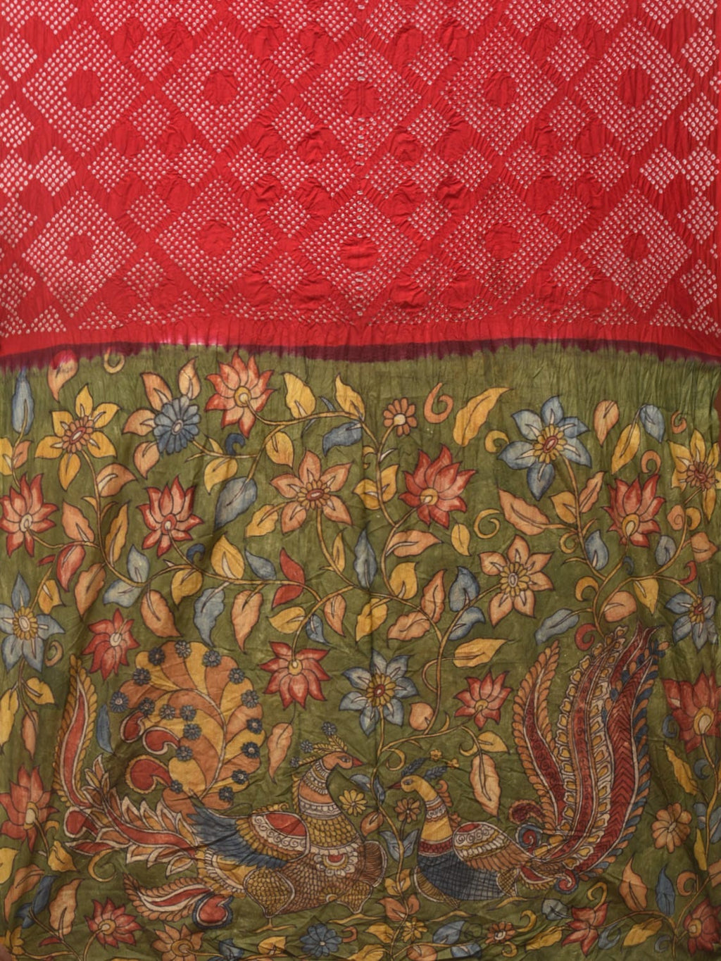 Red and Green Badhani Silk Handloom Saree with Geometrical Body and Kalamkari Pallu and Blouse Design - Global Threads | Grocsy
