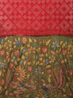 Red and Green Badhani Silk Handloom Saree with Geometrical Body and Kalamkari Pallu and Blouse Design - Global Threads | Grocsy