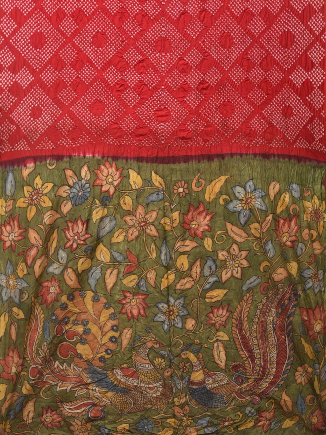 Red and Green Badhani Silk Handloom Saree with Geometrical Body and Kalamkari Pallu and Blouse Design - Global Threads | Grocsy