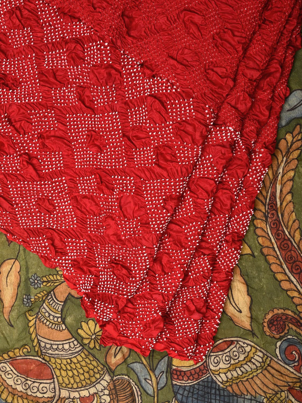 Red and Green Badhani Silk Handloom Saree with Geometrical Body and Kalamkari Pallu and Blouse Design - Global Threads | Grocsy