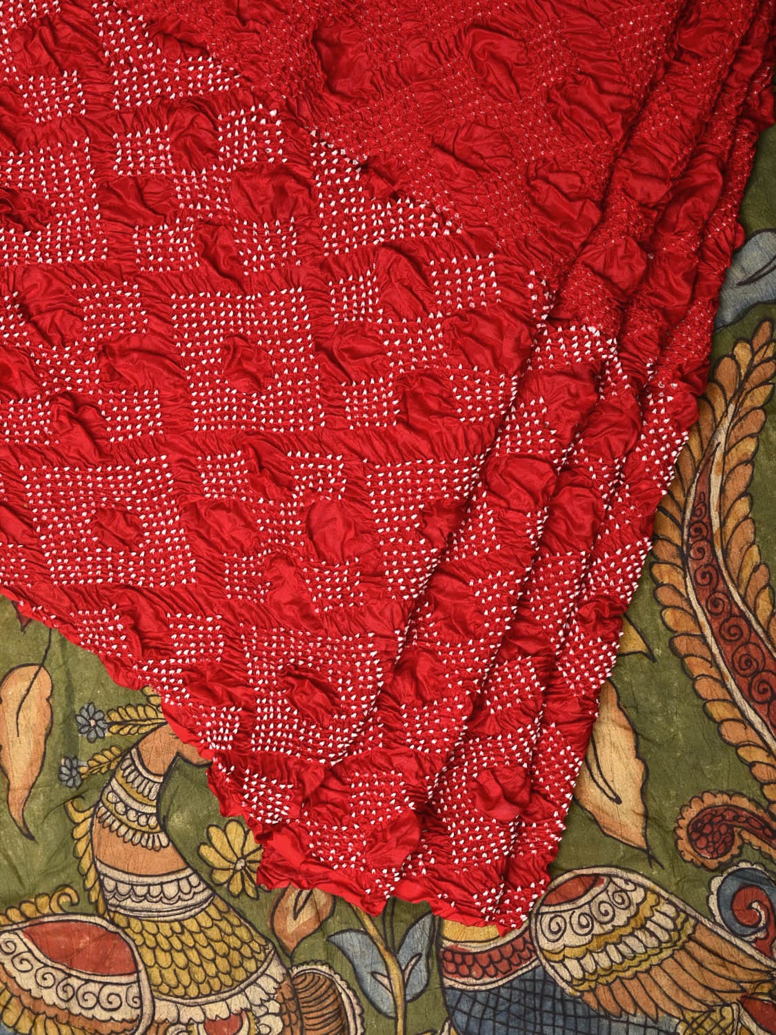 Red and Green Badhani Silk Handloom Saree with Geometrical Body and Kalamkari Pallu and Blouse Design - Global Threads | Grocsy