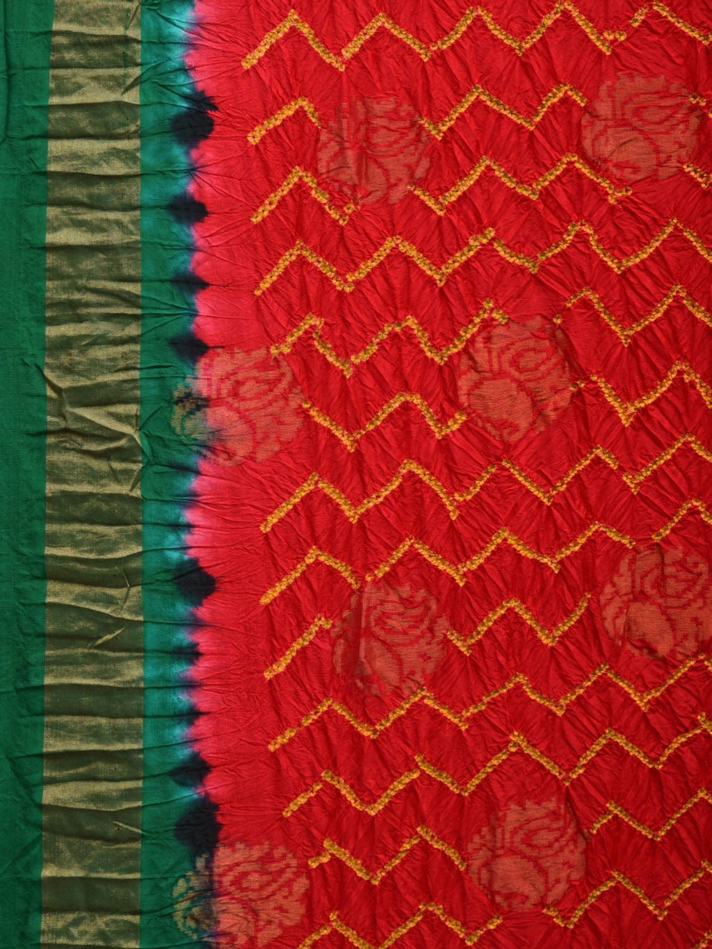Red and Green Bandhani Uppada Silk Handloom Saree with Nilambari Buta Design - Global Threads | Grocsy