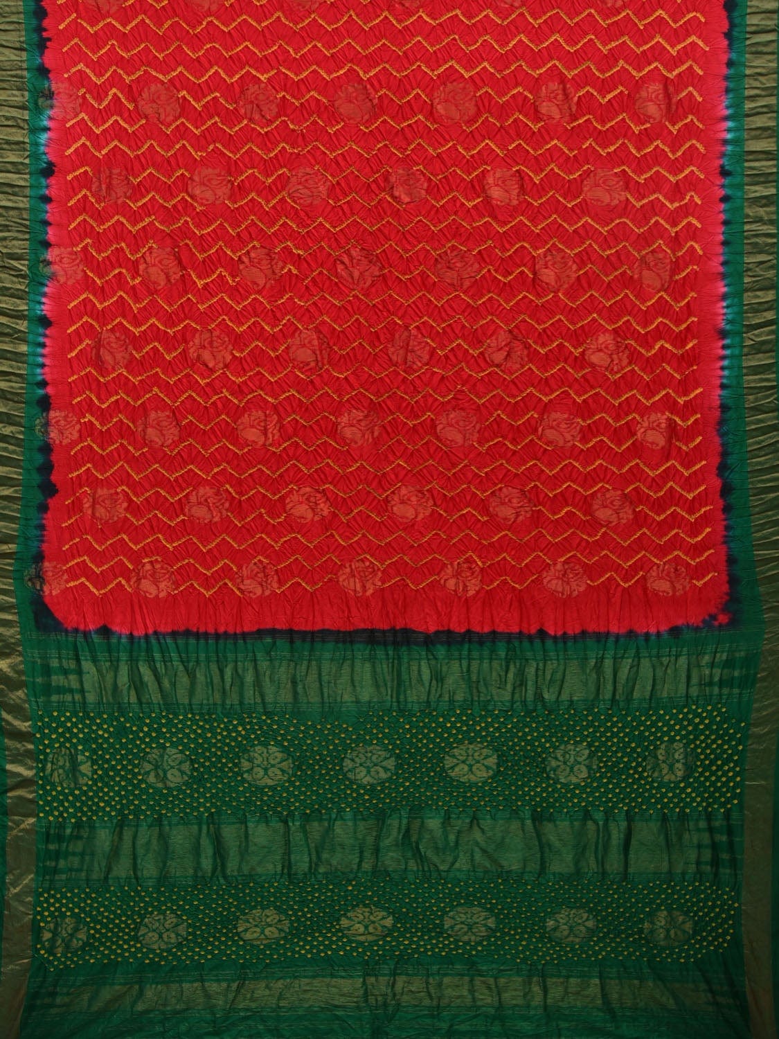 Red and Green Bandhani Uppada Silk Handloom Saree with Nilambari Buta Design - Global Threads | Grocsy