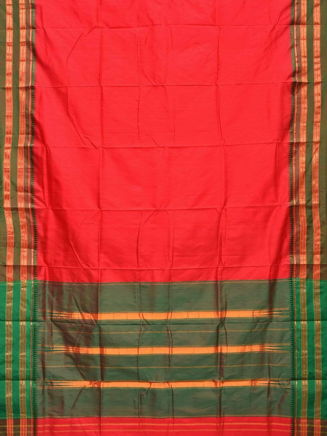Red and Green Narayanpet Silk Handloom Plain Saree with Traditional Border Design No Blouse - Global Threads | Grocsy