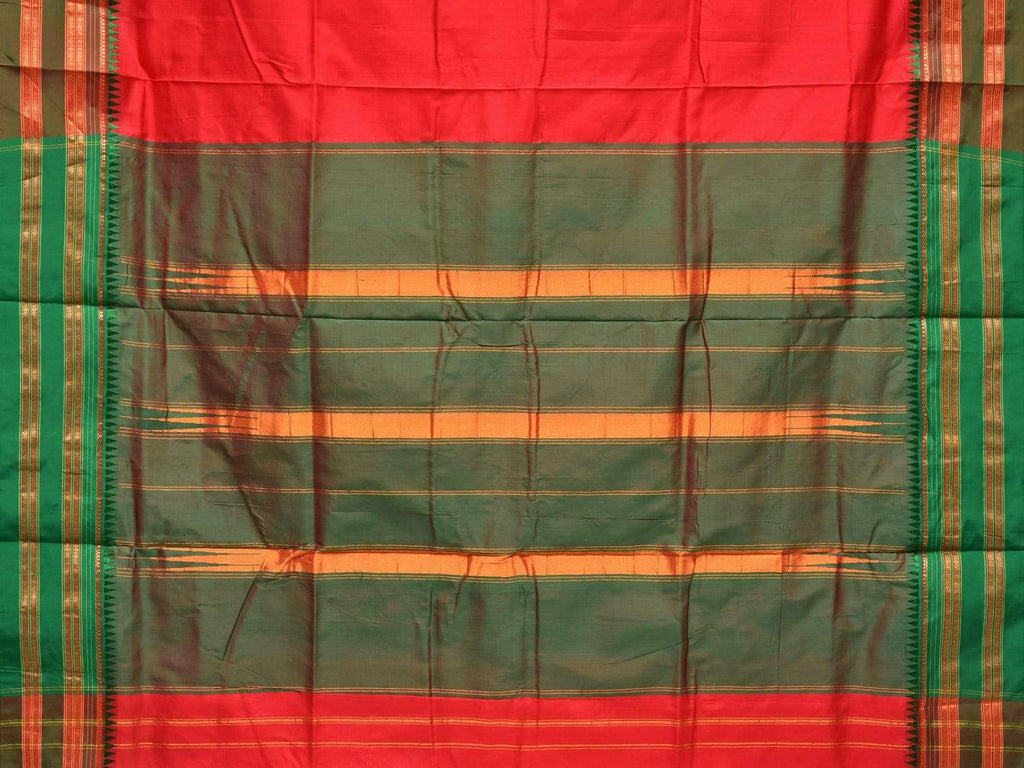 Red and Green Narayanpet Silk Handloom Plain Saree with Traditional Border Design No Blouse - Global Threads | Grocsy