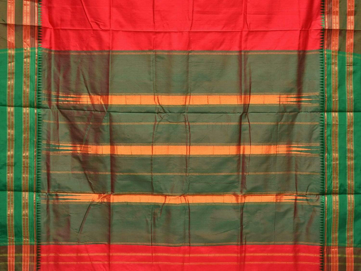 Red and Green Narayanpet Silk Handloom Plain Saree with Traditional Border Design No Blouse - Global Threads | Grocsy
