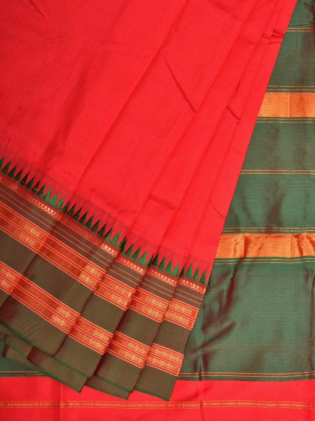 Red and Green Narayanpet Silk Handloom Plain Saree with Traditional Border Design No Blouse - Global Threads | Grocsy