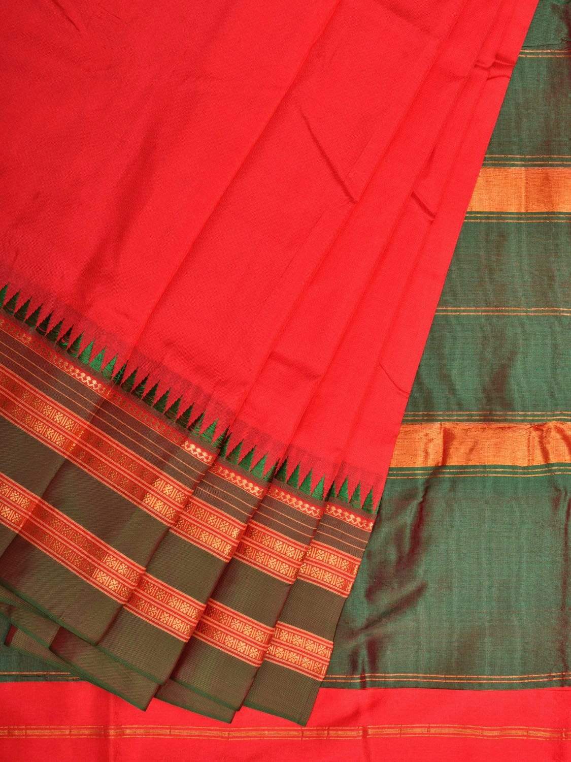 Red and Green Narayanpet Silk Handloom Plain Saree with Traditional Border Design No Blouse - Global Threads | Grocsy