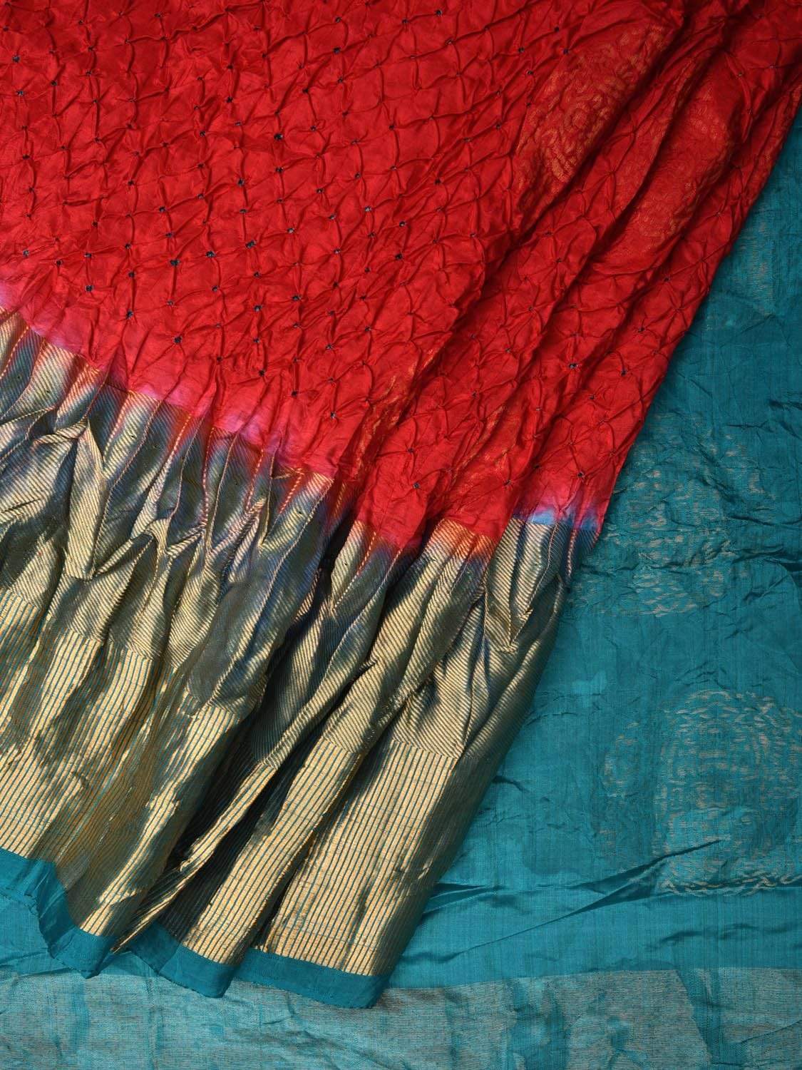 Red and Teal Bandhani Kanchipuram Silk Handloom Saree with Big Buta Design - Global Threads | Grocsy